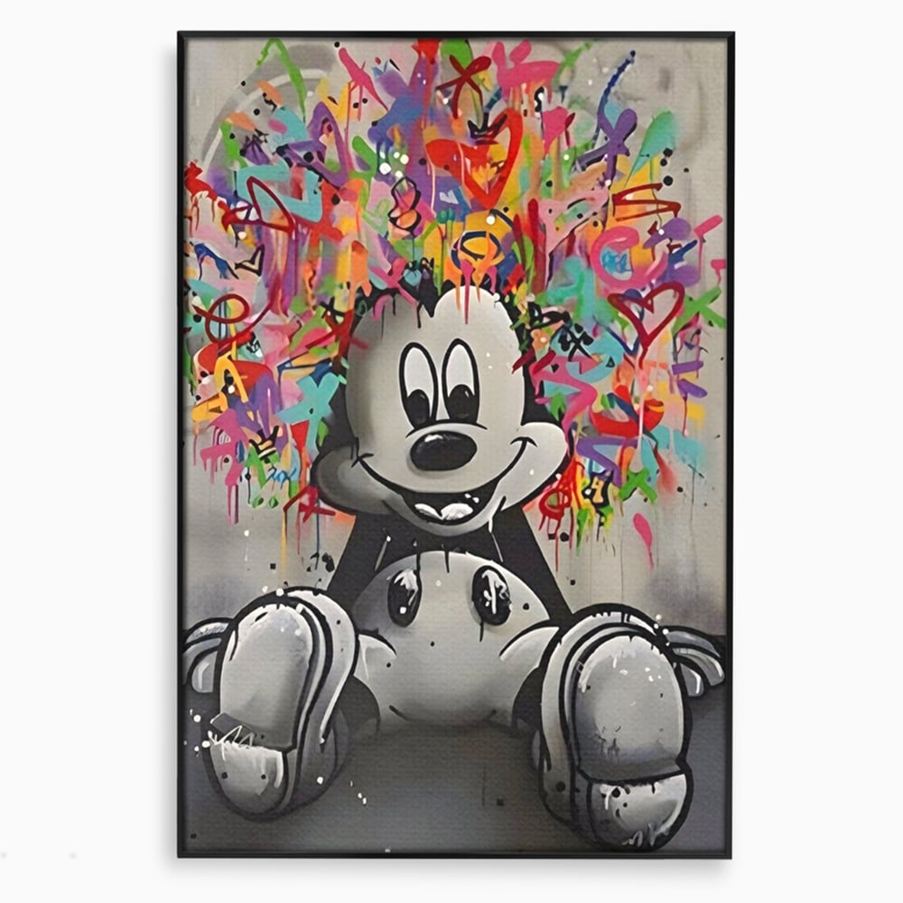 Tablou canvas cu tablou canvas cu mickey mouse colorat, in rama de aluminiu negru